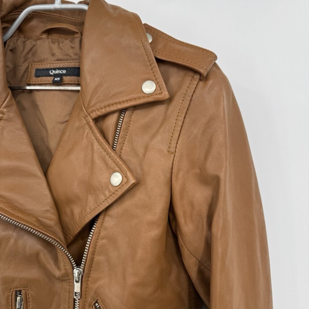 Quince Women's Cognac Leather Motorcycle Jacket size XS Sheep Leather Belted - Picture 9 of 16